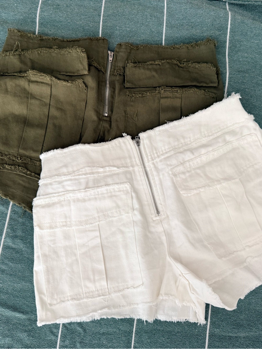 SHEIN White and Olive Frayed Hem Utility Shorts